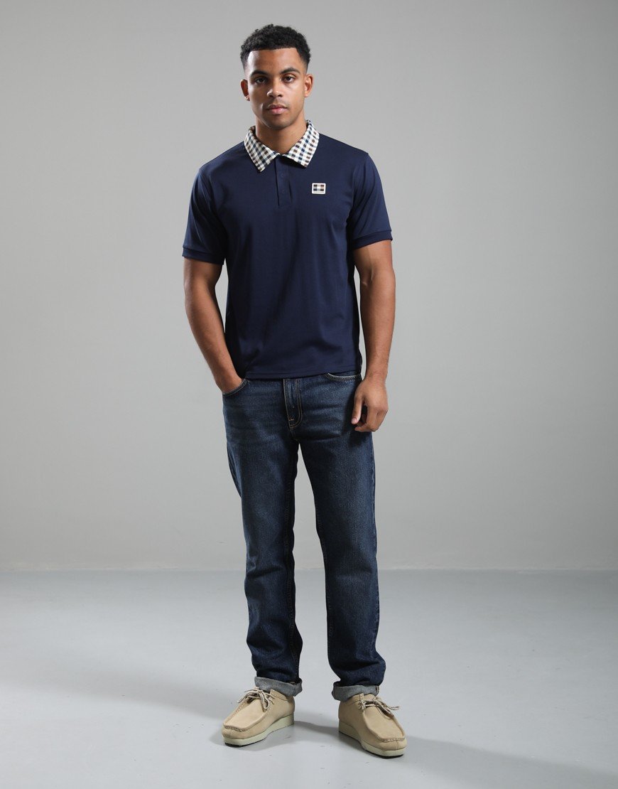 Aquascutum Check Collar Tech Polo Shirt Navy