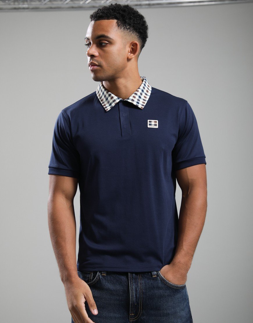 Aquascutum Check Collar Tech Polo Shirt Navy