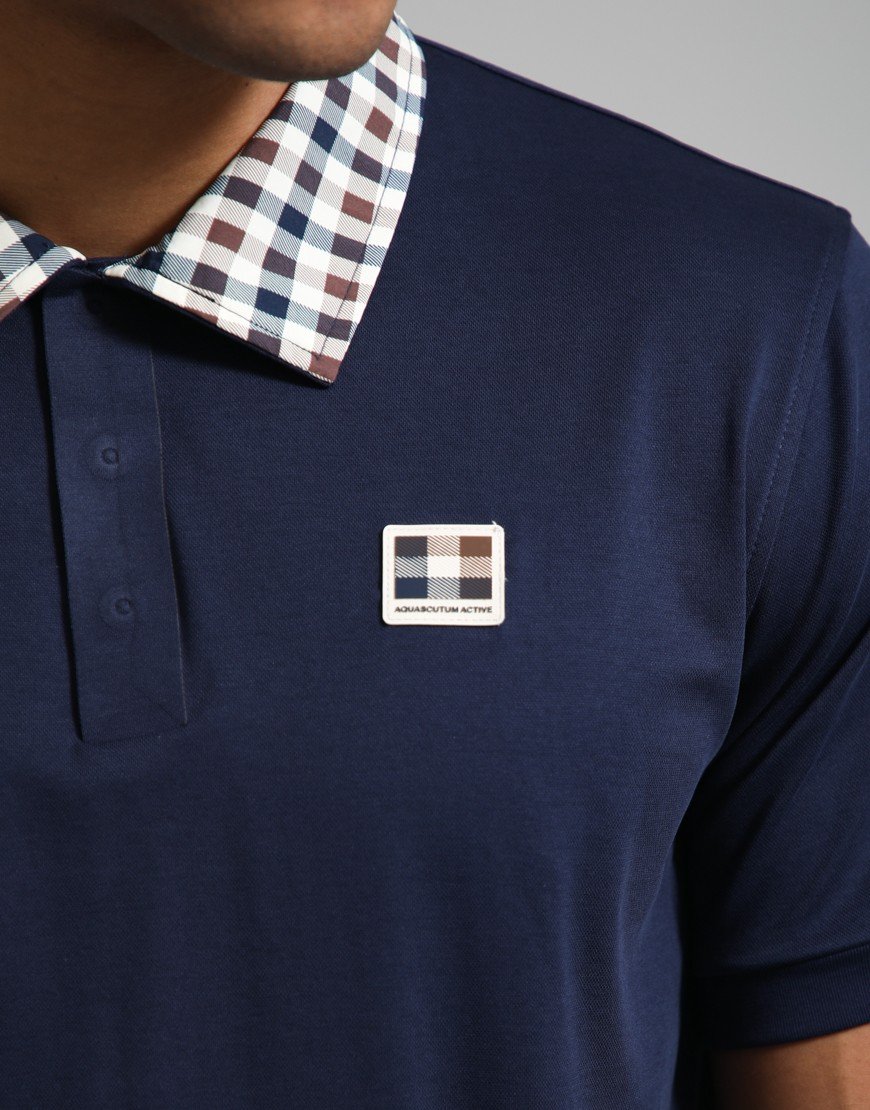 Aquascutum Check Collar Tech Polo Shirt Navy