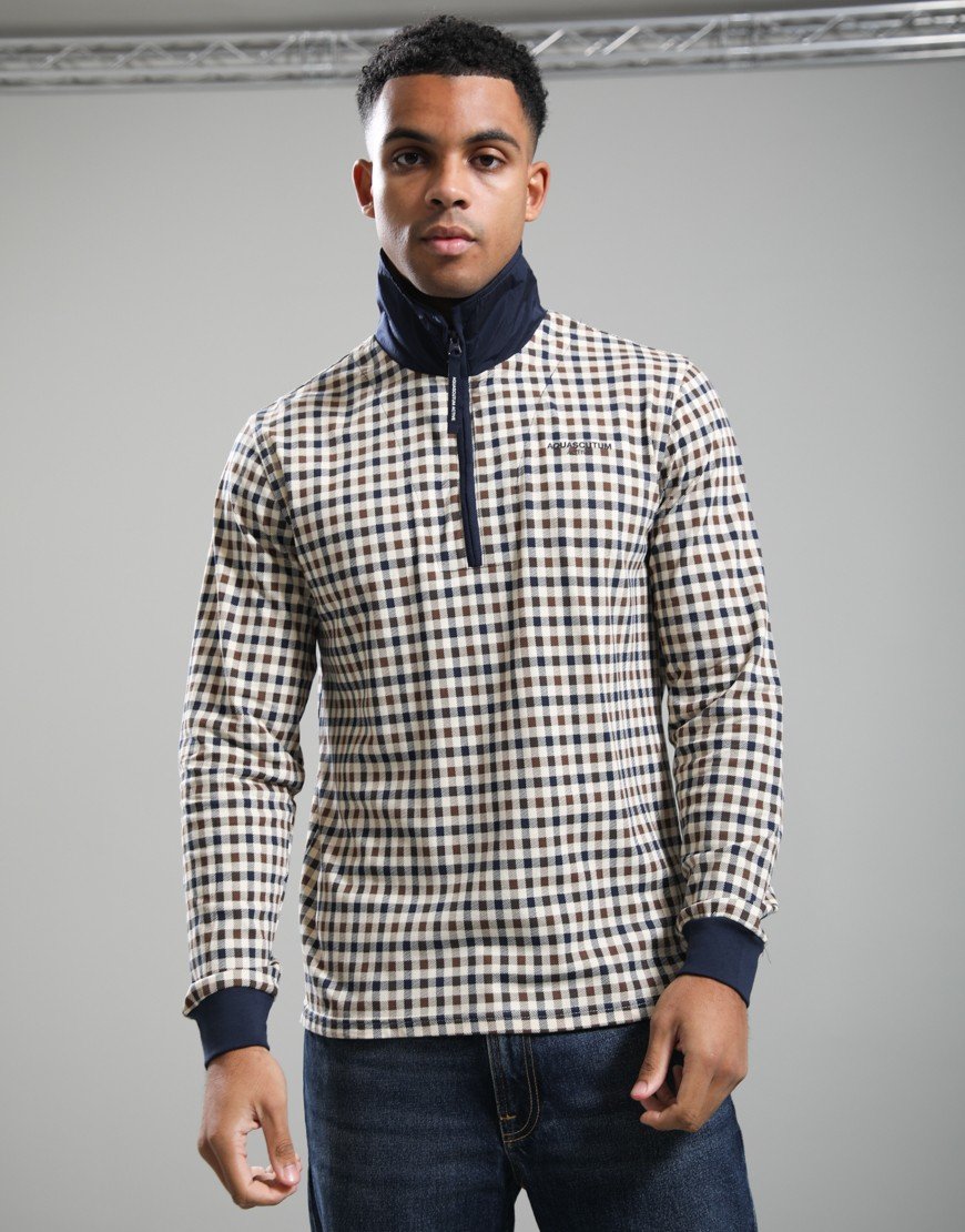 Aquascutum Check Heavy Piquet Polo Shirt Navy