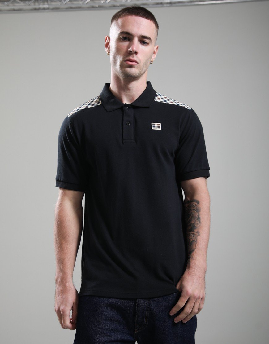 Aquascutum Check Shoulder Polo Shirt Black