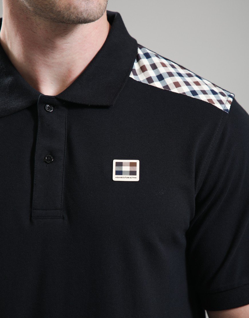Aquascutum Check Shoulder Polo Shirt Black