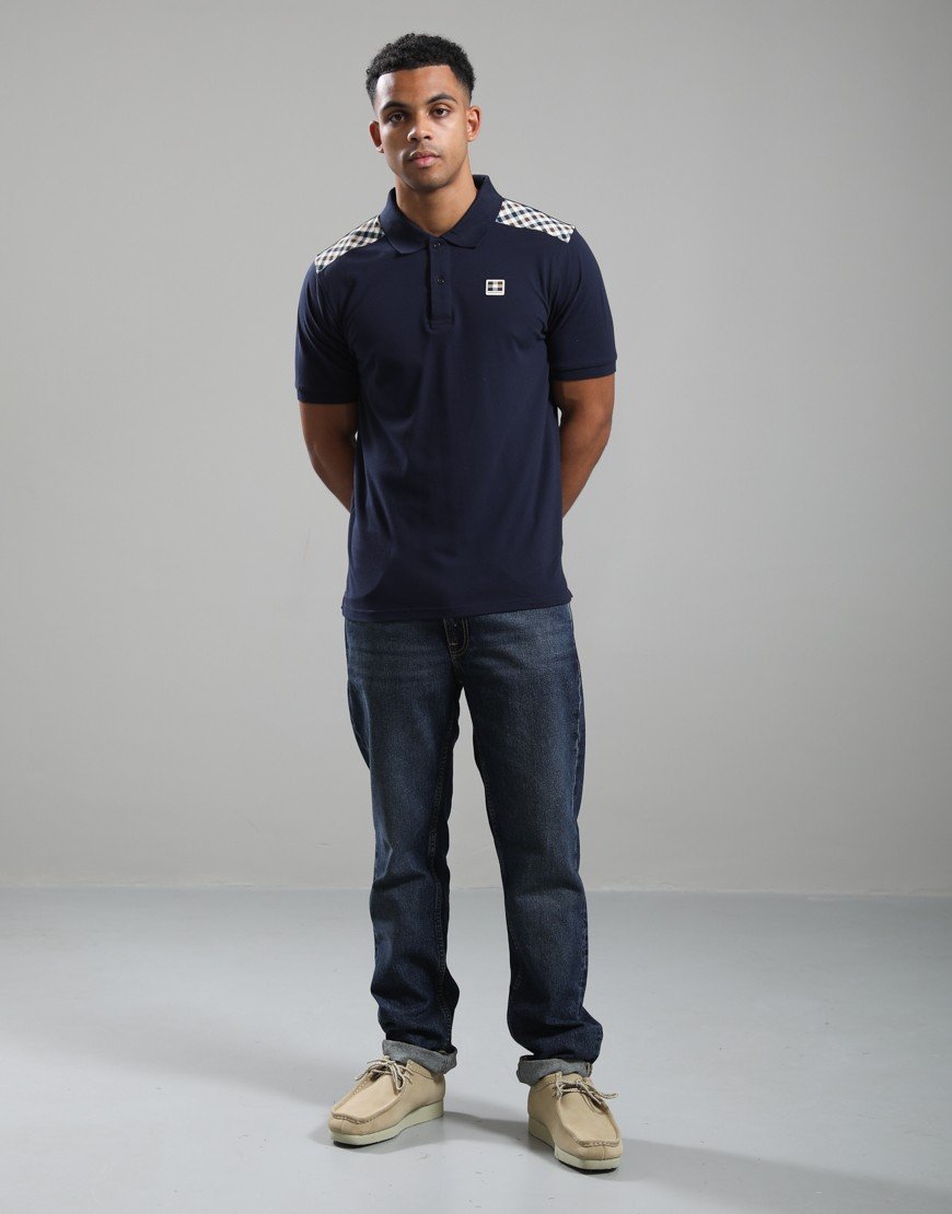 Aquascutum Check Shoulder Polo Shirt Navy