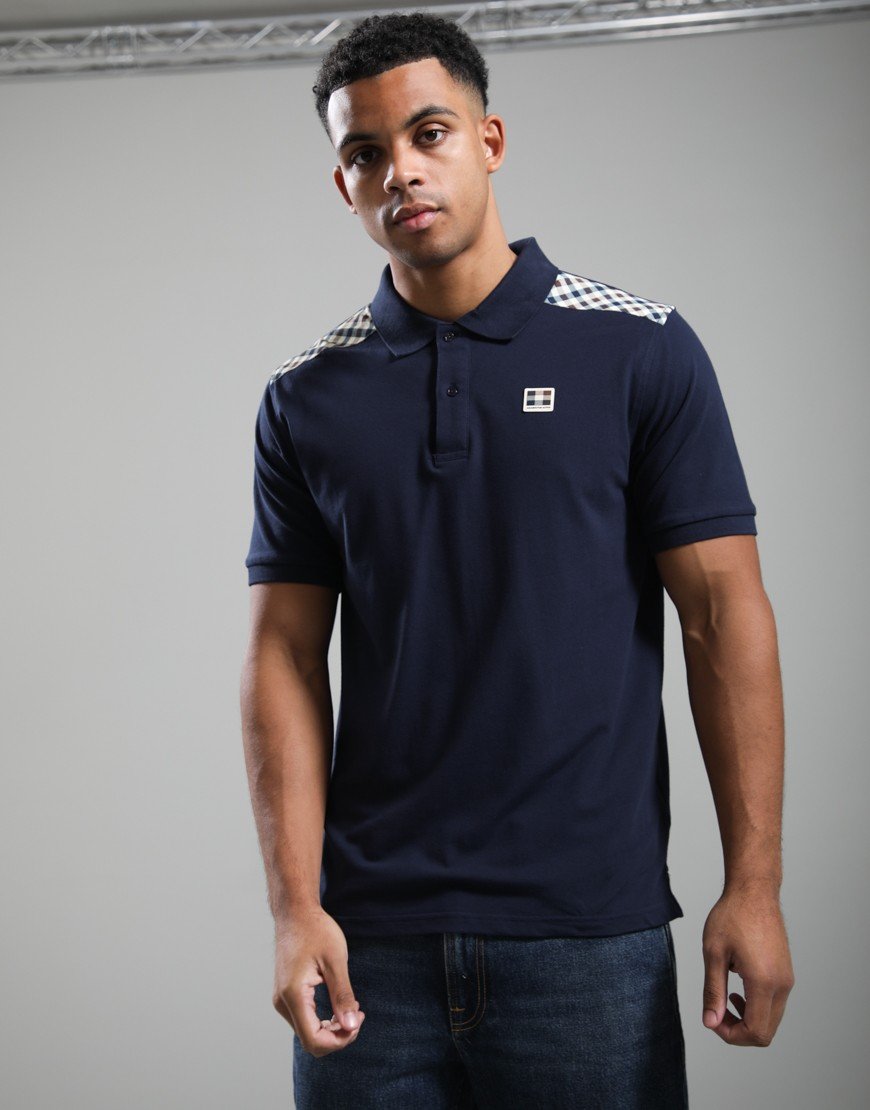 Aquascutum Check Shoulder Polo Shirt Navy