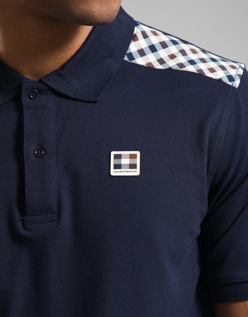 Aquascutum Check Shoulder Polo Shirt Navy