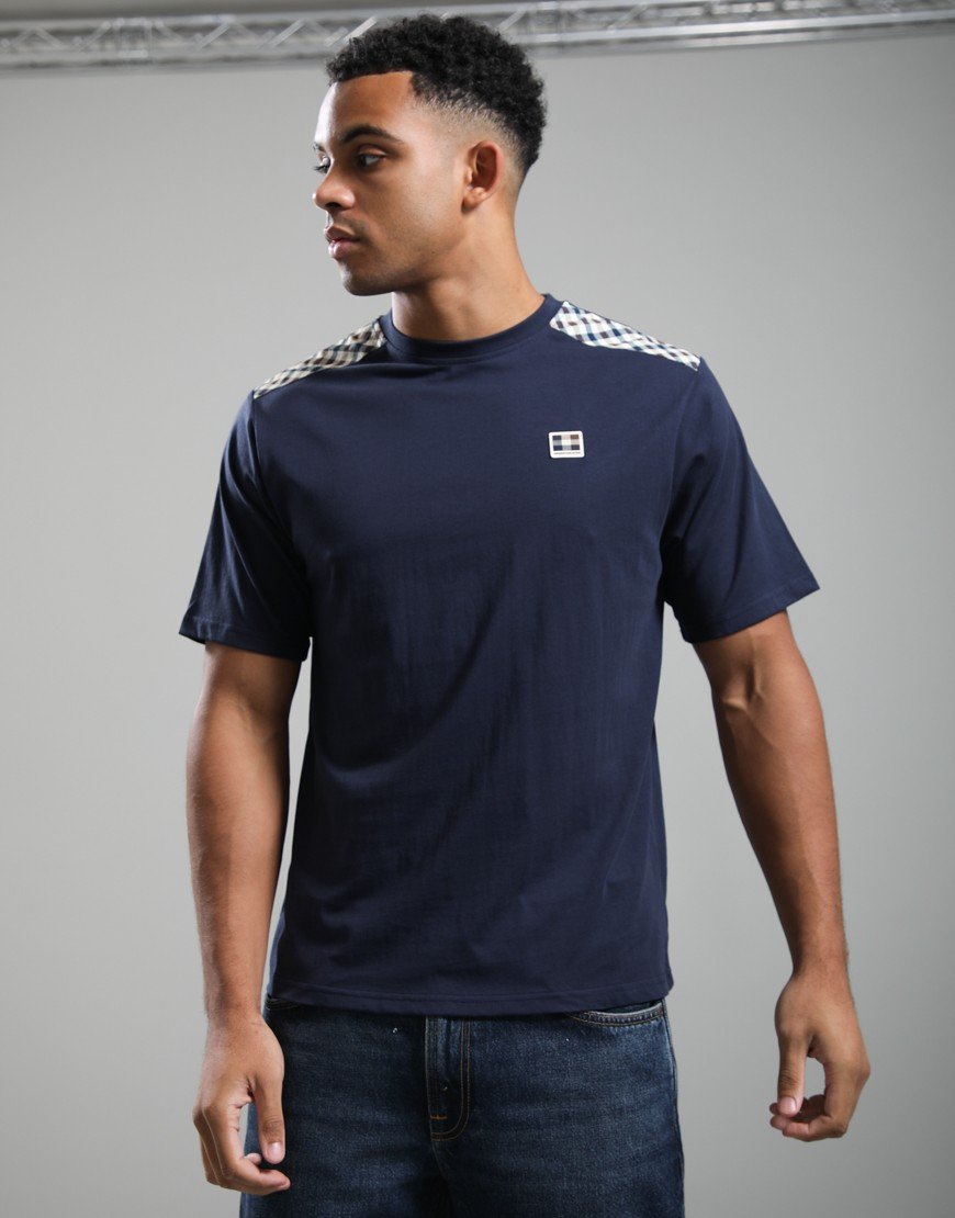 Aquascutum Check Shoulder T-Shirt Navy