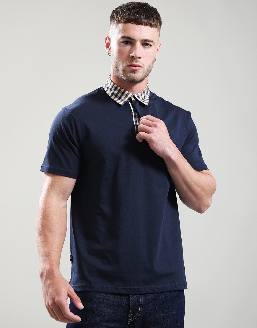 Aquascutum Club Check Collar Polo Shirt Navy