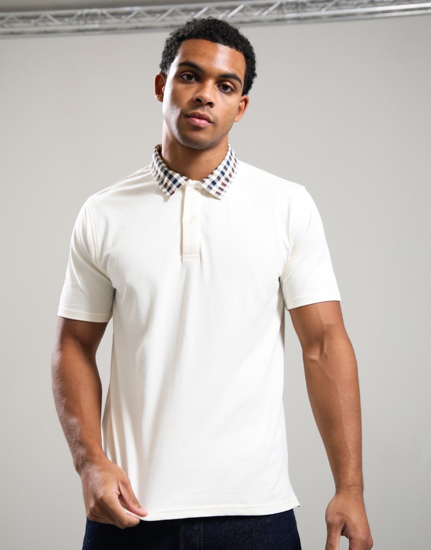 Aquascutum Club Check Collar Polo Shirt Old White