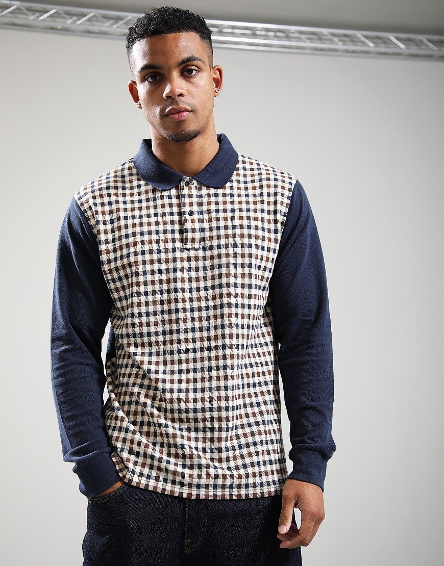 Aquascutum Iconic Front Long Sleeve Polo Shirt Navy