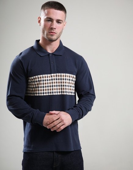 Aquascutum Iconic Insert Long Sleeve Polo Shirt Navy