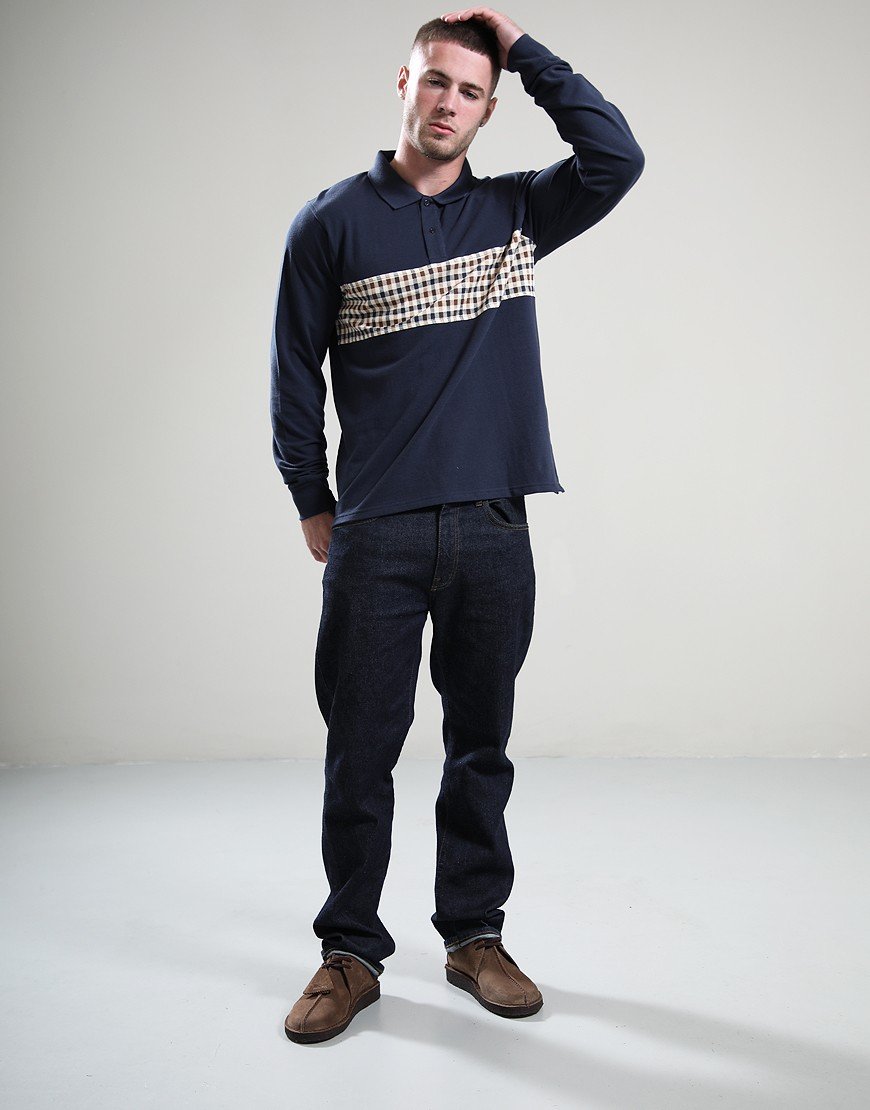 Aquascutum Iconic Insert Long Sleeve Polo Shirt Navy Aquascutum Iconic Insert Long Sleeve Polo Shirt Navy
