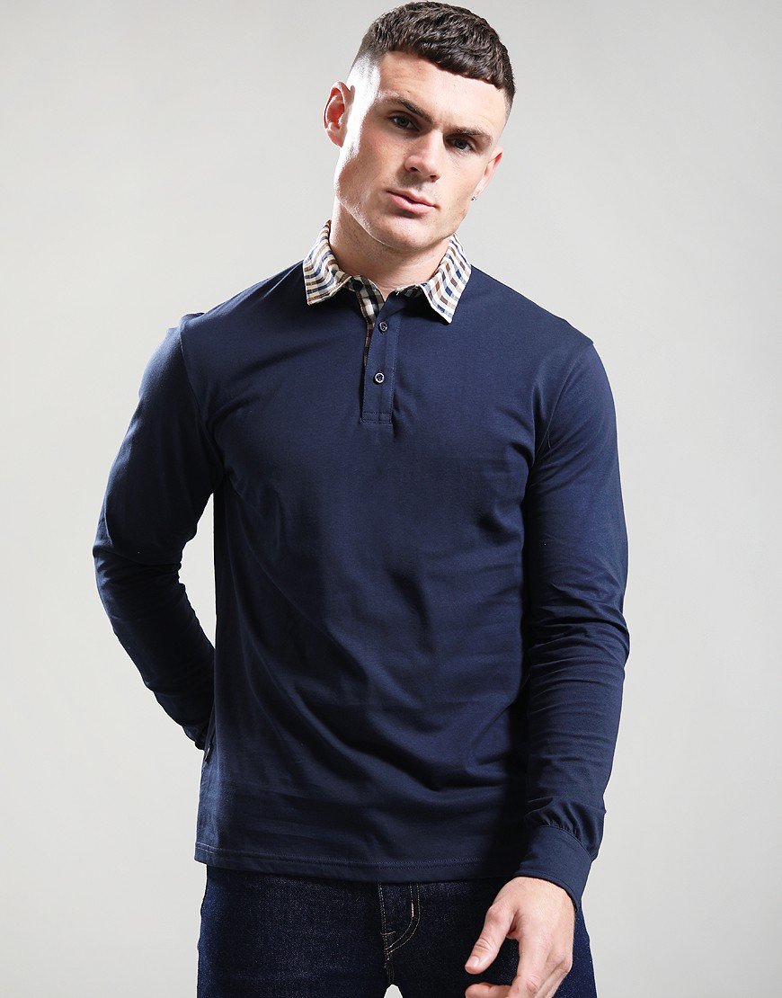Aquascutum Club Check Collar Long Sleeve Polo Shirt Navy