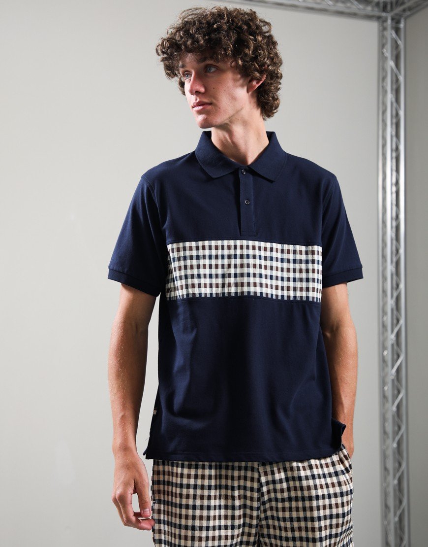 Aquascutum Stretch Piquet Club Check Insert Polo Shirt Navy