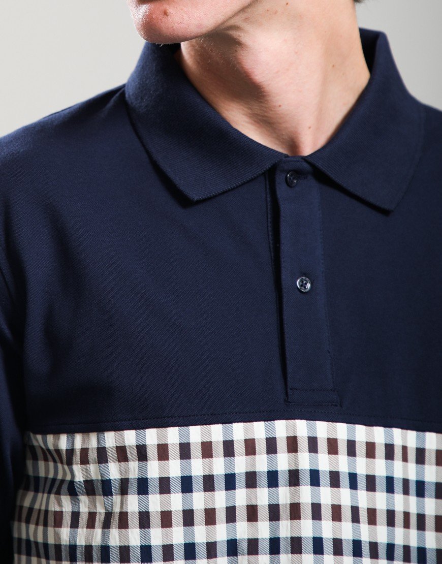Aquascutum Stretch Piquet Club Check Insert Polo Shirt Navy