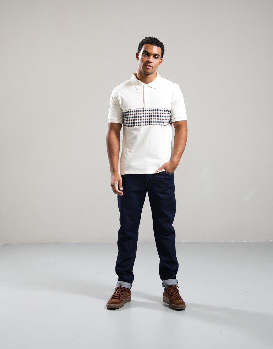 Aquascutum Stretch Piquet Club Check Insert Polo Shirt Old White