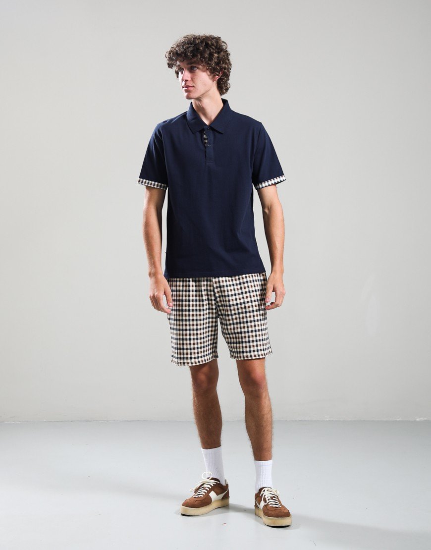 Aquascutum Stretch Piquet Club Check Panel Polo Shirt Navy