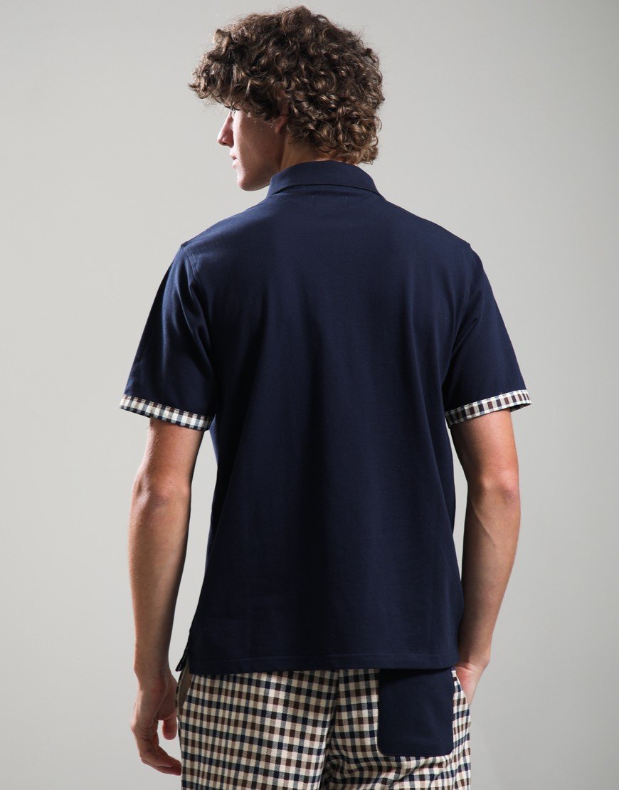 Aquascutum Stretch Piquet Club Check Panel Polo Shirt Navy