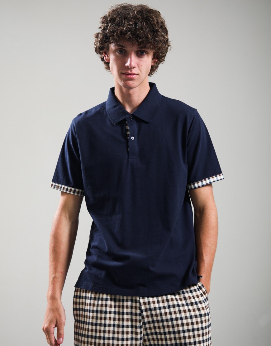 Aquascutum Stretch Piquet Club Check Panel Polo Shirt Navy
