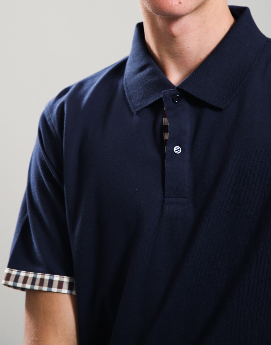 Aquascutum Stretch Piquet Club Check Panel Polo Shirt Navy