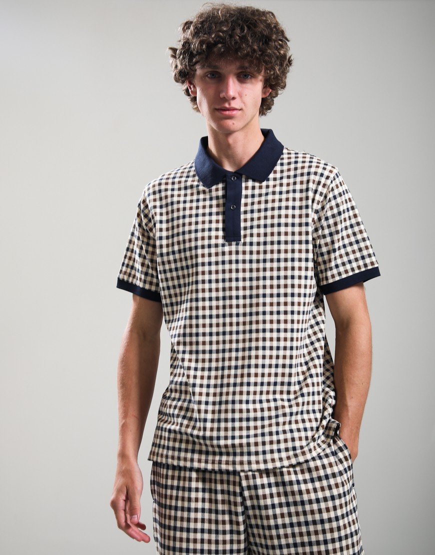 Aquascutum Stretch Piquet Club Check Polo Shirt Navy