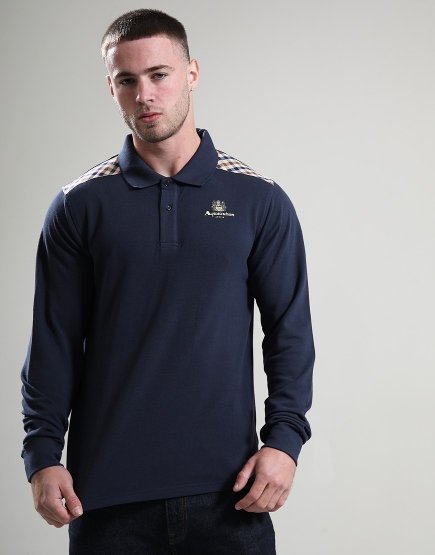 Aquascutum Stripes Piquet Long Sleeve Polo Shirt Navy