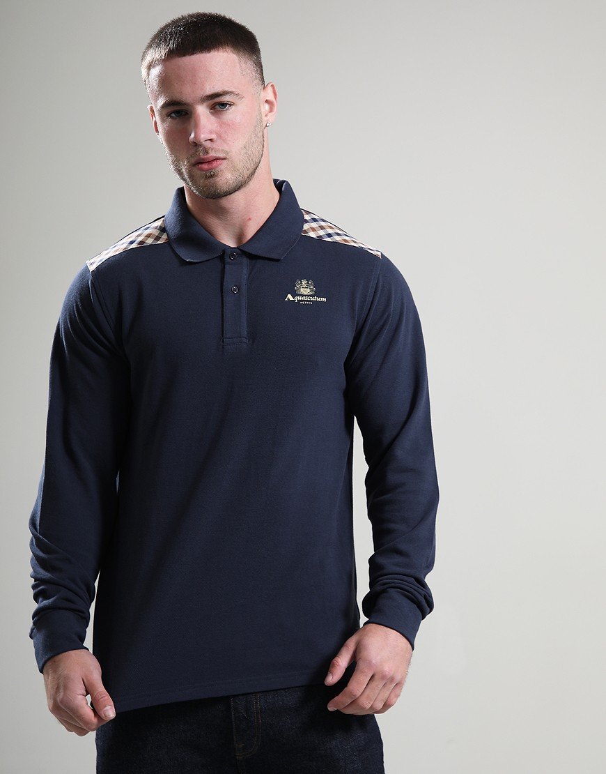 Aquascutum Stripes Piquet Long Sleeve Polo Shirt Navy