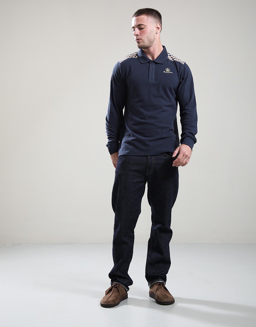 Aquascutum Stripes Piquet Long Sleeve Polo Shirt Navy Aquascutum Stripes Piquet Long Sleeve Polo Shirt Navy