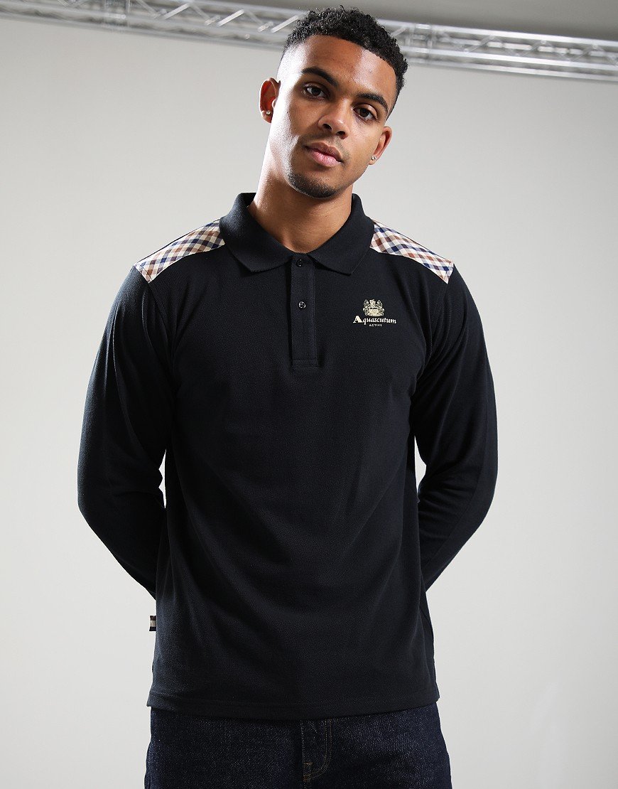 Aquascutum Stripes Piquet Long Sleeve Polo Shirt Black