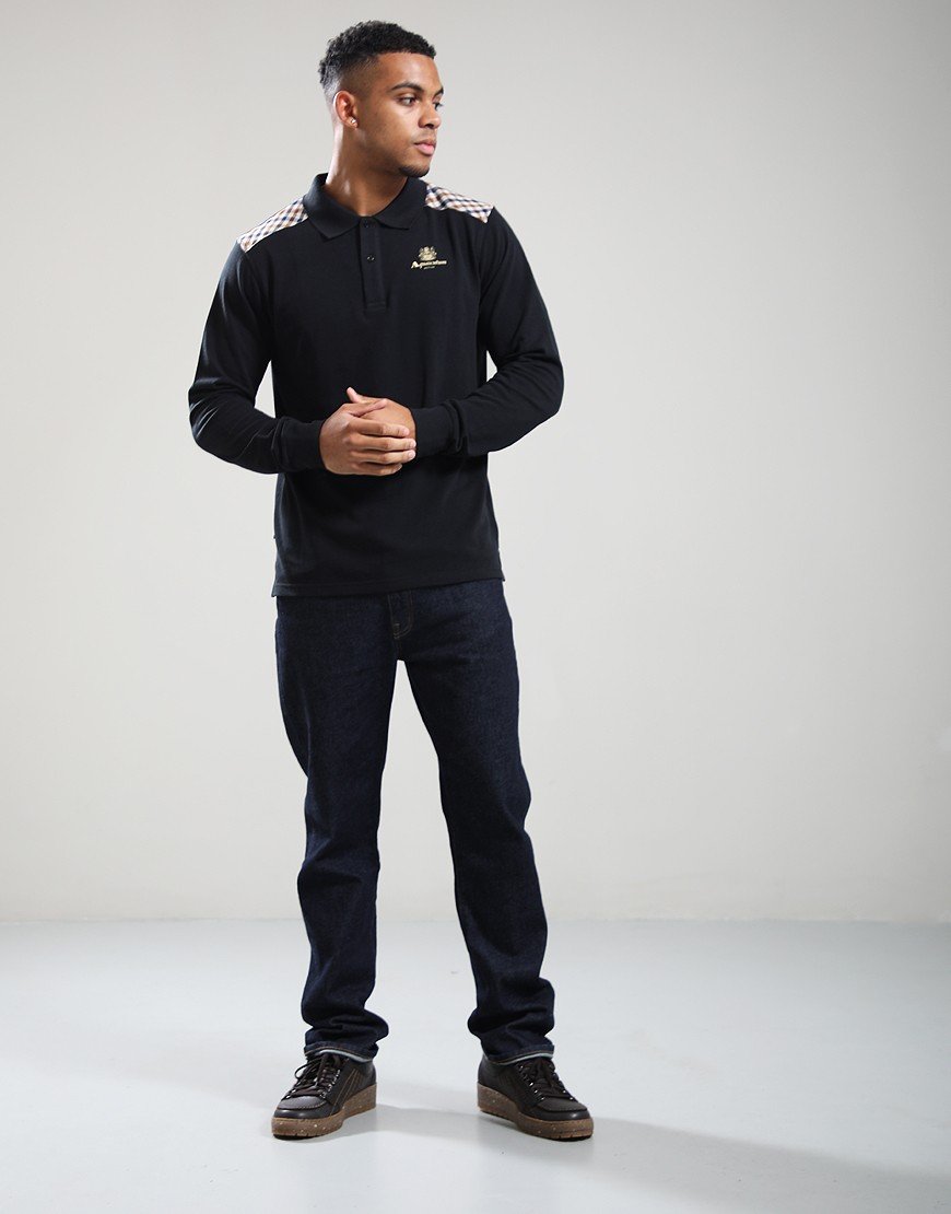 Aquascutum Stripes Piquet Long Sleeve Polo Shirt Black Aquascutum Stripes Piquet Long Sleeve Polo Shirt Black