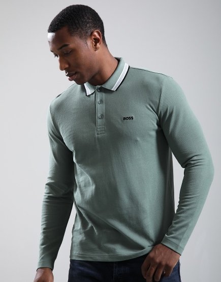 BOSS Plisy Long Sleeve Polo Shirt Open Green