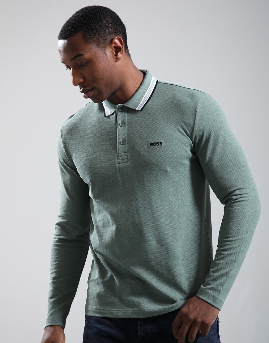 BOSS Plisy Long Sleeve Polo Shirt Open Green