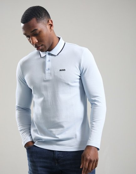 BOSS Plisy Long Sleeve Polo Shirt Open Blue