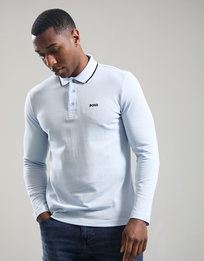 BOSS Plisy Long Sleeve Polo Shirt Open Blue