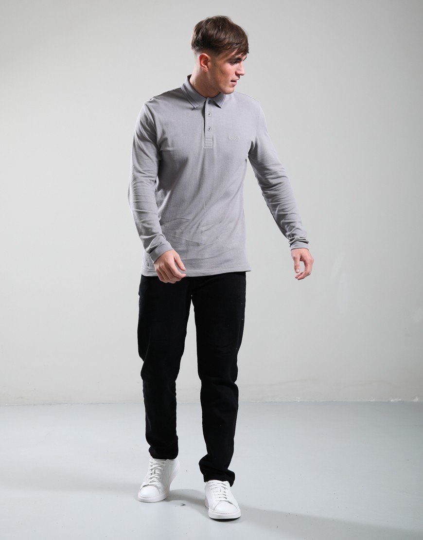 BOSS Plisy Long Sleeve Polo Shirt Open Grey