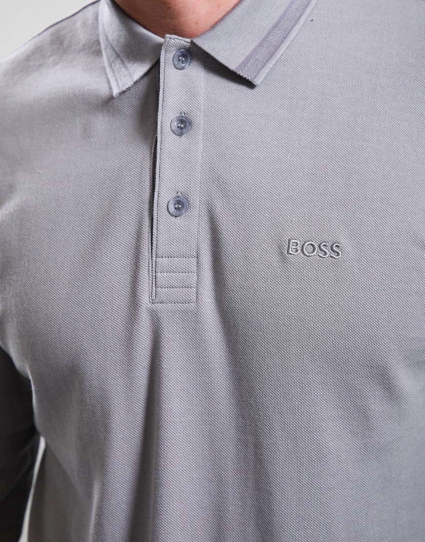 BOSS Plisy Long Sleeve Polo Shirt Open Grey