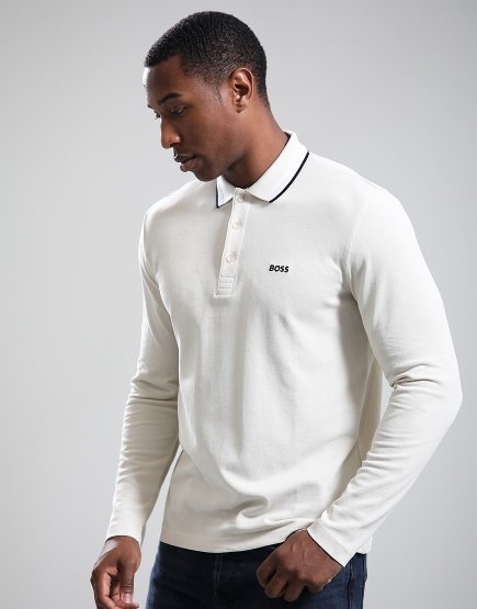 BOSS Plisy Long Sleeve Polo Shirt Open White