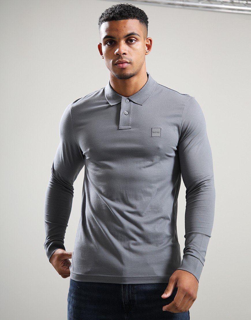 BOSS Passerby Long Sleeve Polo Shirt Open Grey