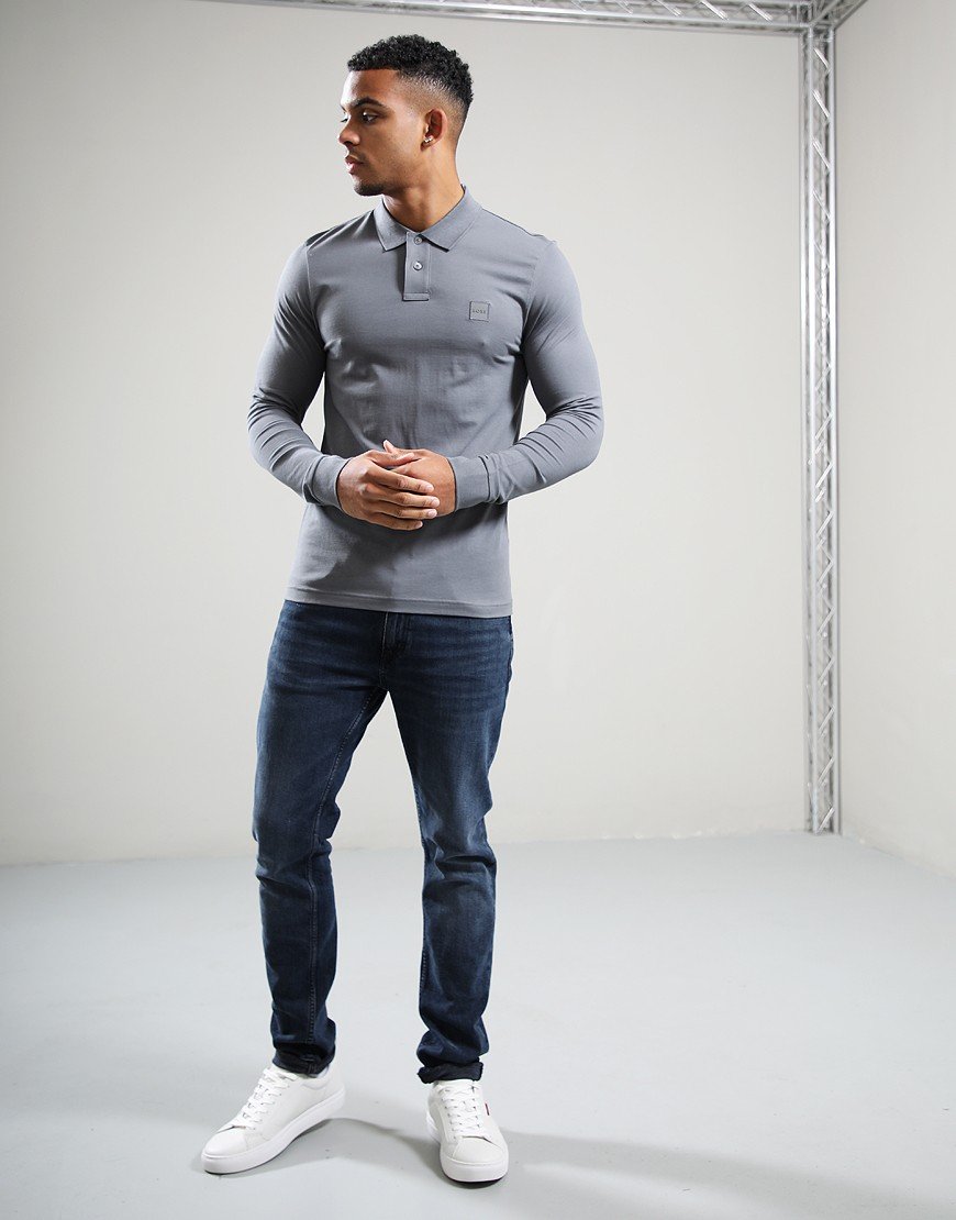 BOSS Passerby Long Sleeve Polo Shirt Open Grey