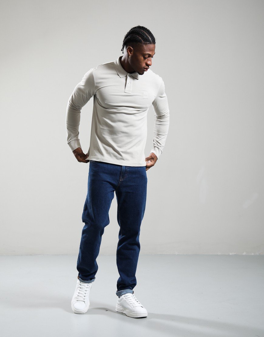 BOSS Passerby Long Sleeve Polo Shirt Open Grey
