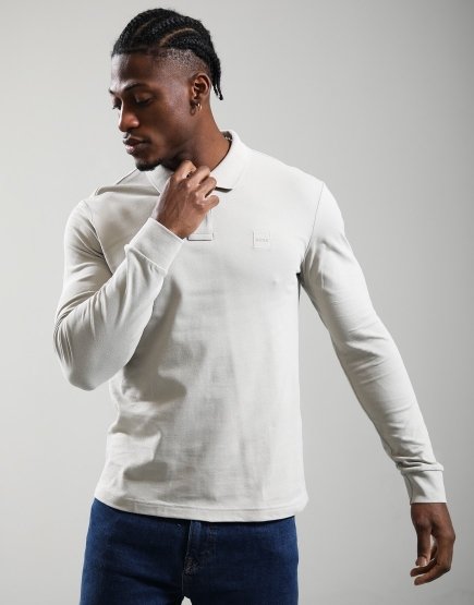 BOSS Passerby Long Sleeve Polo Shirt Open Grey