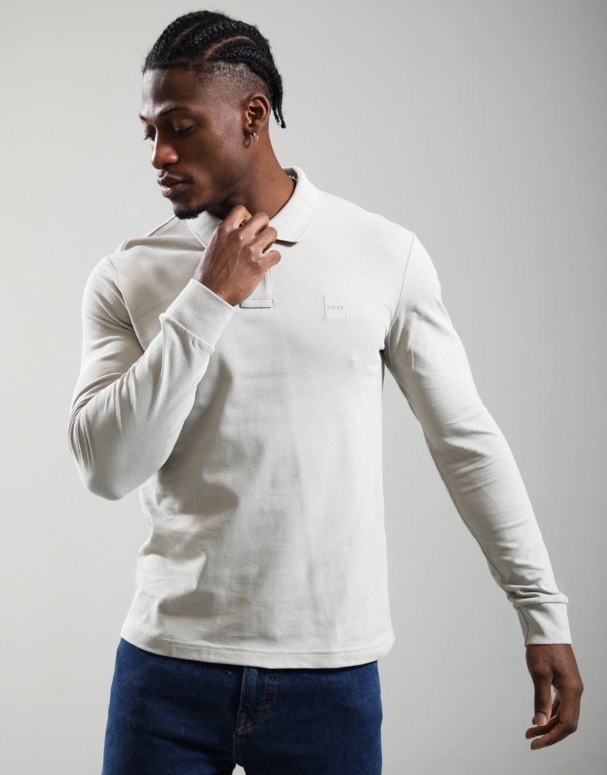 BOSS Passerby Long Sleeve Polo Shirt Open Grey
