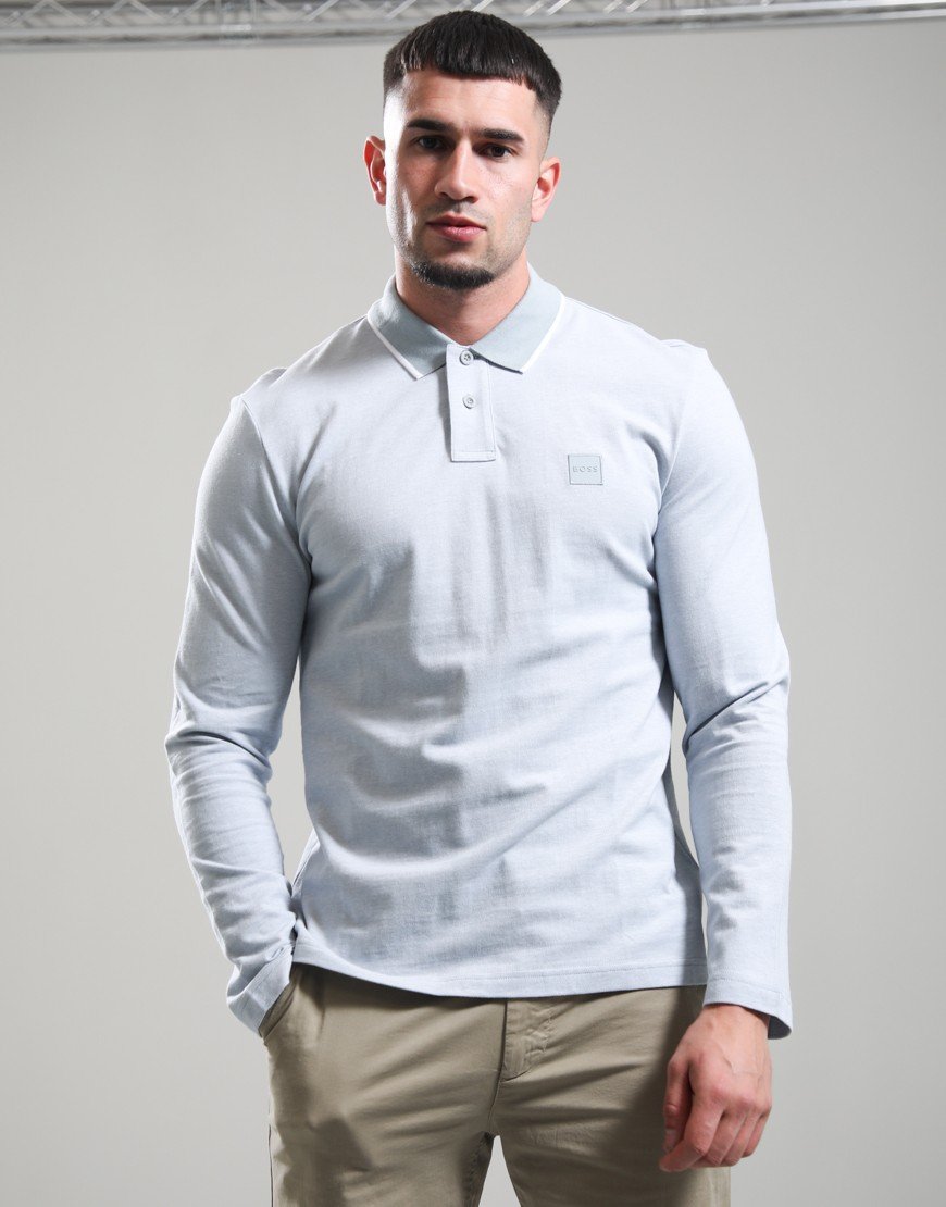 BOSS Passerford Long Sleeve Polo Shirt Open Grey