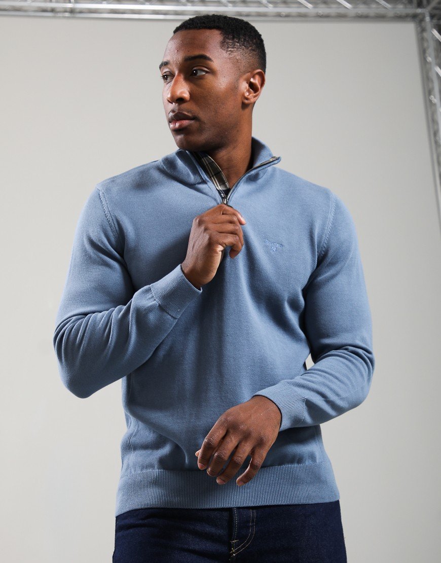 Barbour Cotton Half Zip Knit Jumper Tarn Blue