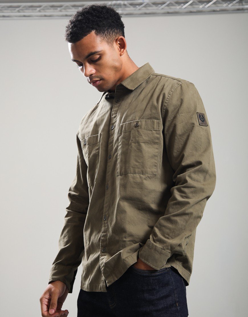 Belstaff Outpost Cotton Herringbone Shirt Khaki Green