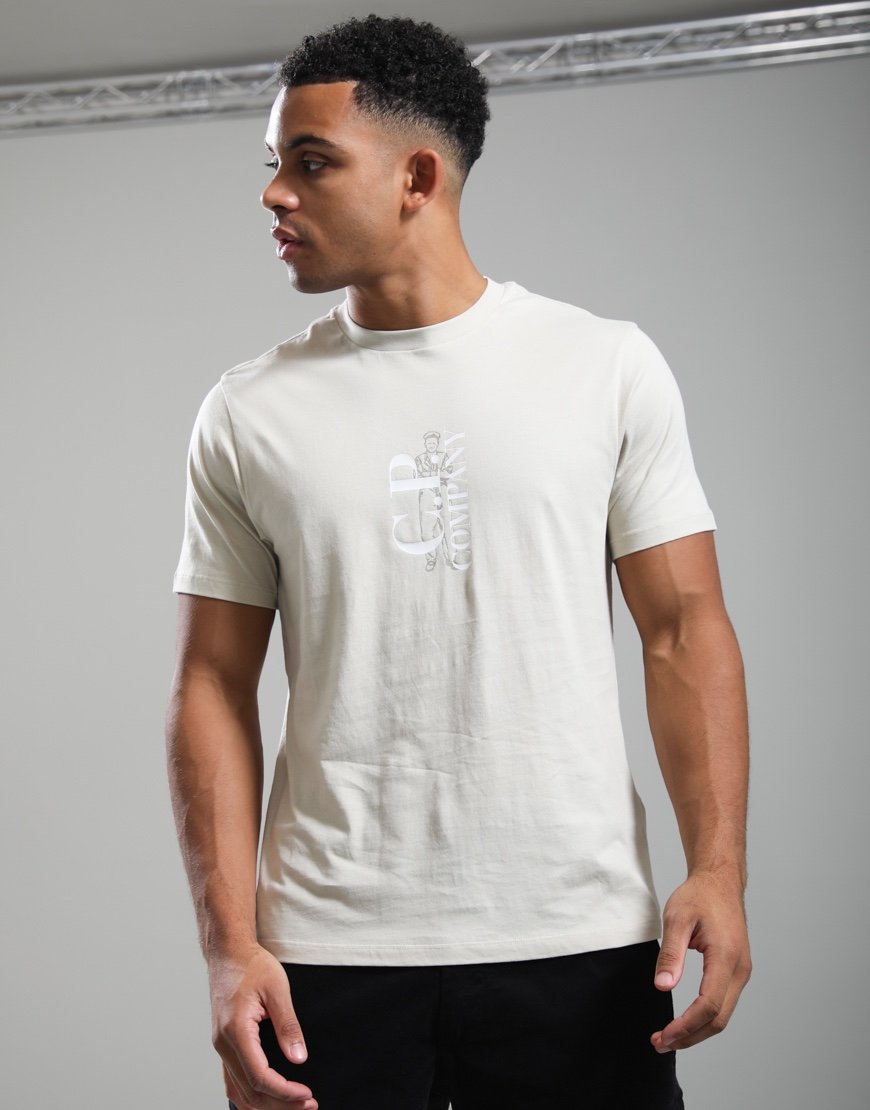 C.P. Company 30/1 Jersey Short Sleeve Vertical Logo T-Shirt Silver Birch