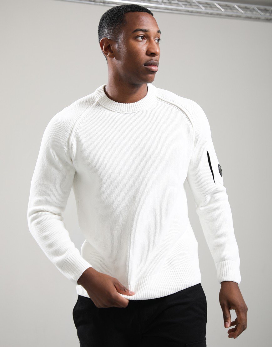 C.P. Company Chenille Cotton Lens Crew Neck Knit Gauze White
