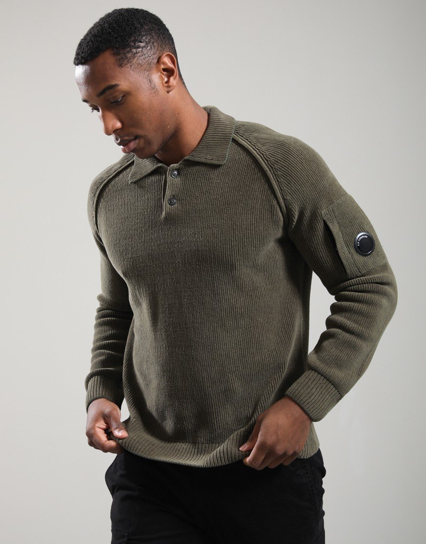 C.P. Company Chenille Cotton Polo Sweater Ivy Green