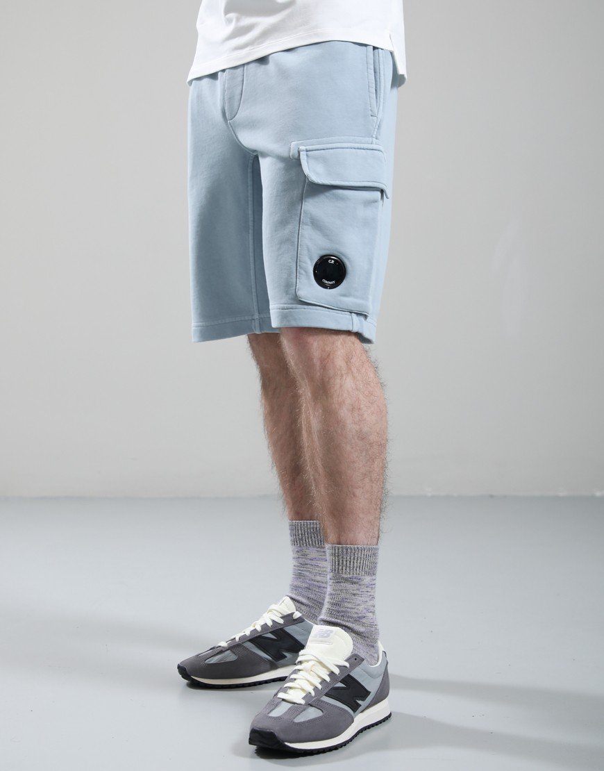 C.P. Company Cotton Diagonal Fleece Cargo Sweat Shorts Silver Blue