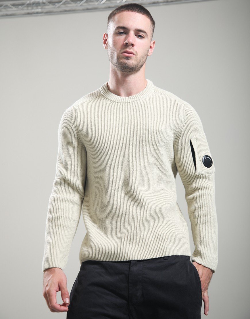 C.P. Company Full Rib Cotton Lens Crew Neck Knit Silver Birch