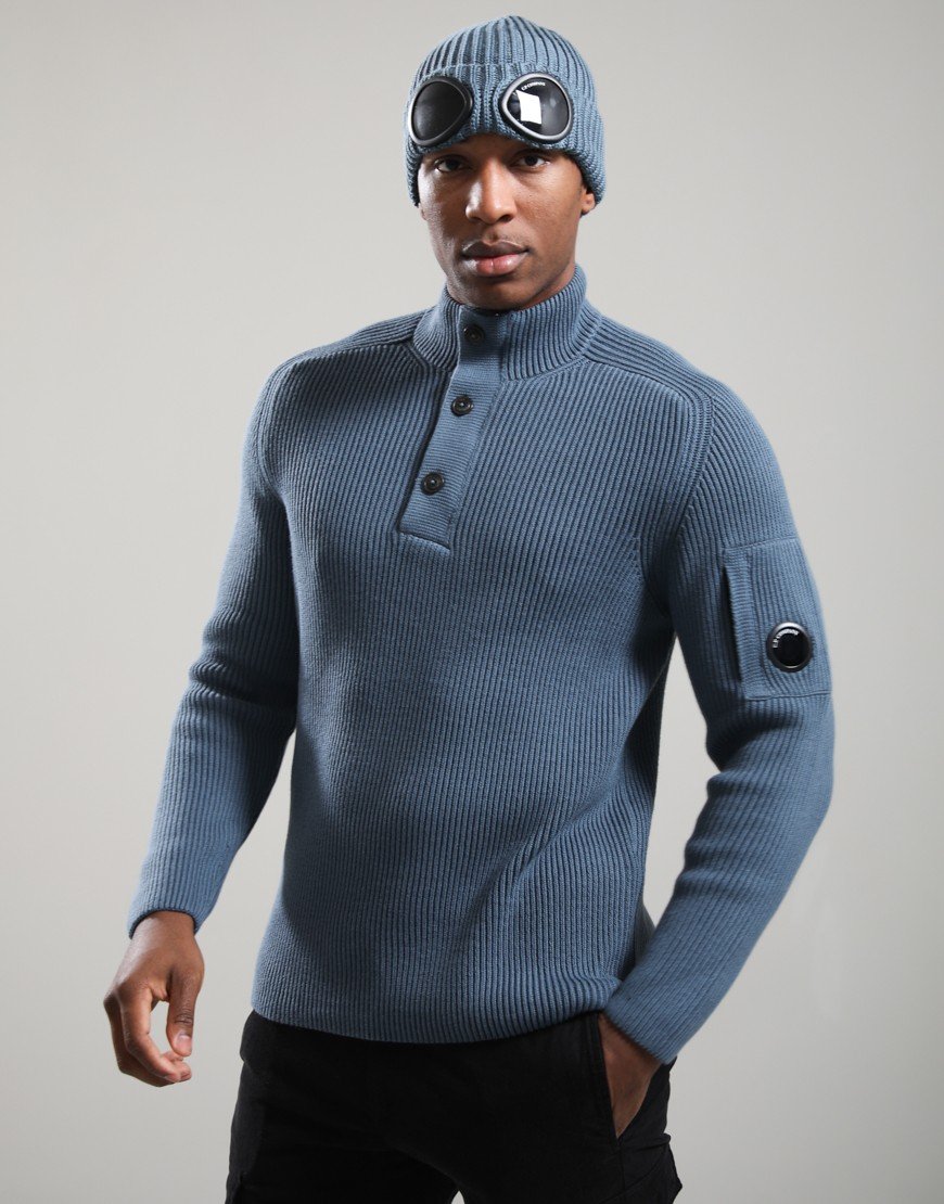C.P. Company Full Rib Cotton Lens Half Button Knit Orion Blue
